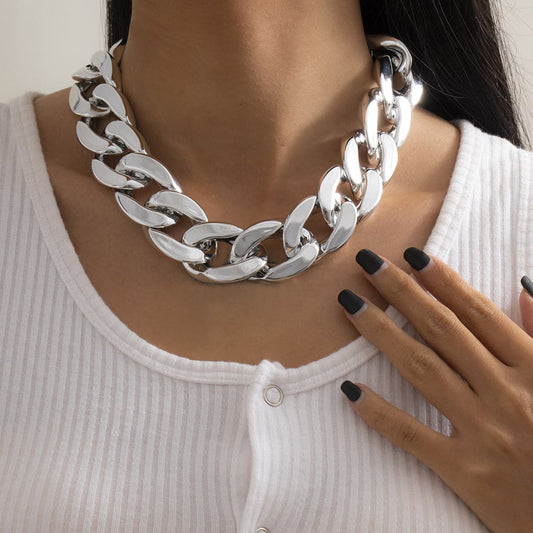 Silver-Plated Curb Chain Choker Necklace, chunky silver choker necklace, everyday style, front view