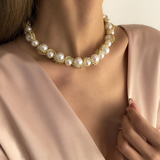 Pearl and 18K Gold-Plated Choker Necklace, chunky gold choker necklace, everyday style, front view
