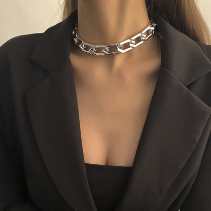 Silver-Plated Open Hexagon Choker Necklace, chunky silver choker necklace, botanical inspired, front view