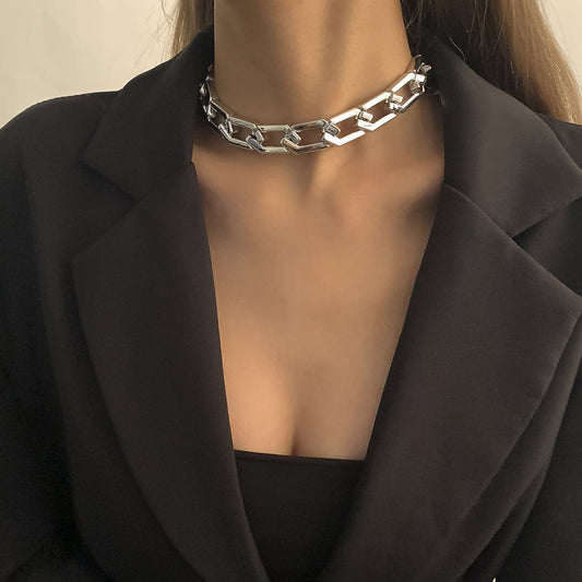 Silver-Plated Open Hexagon Choker Necklace, chunky silver choker necklace, elegant gift for her, front view