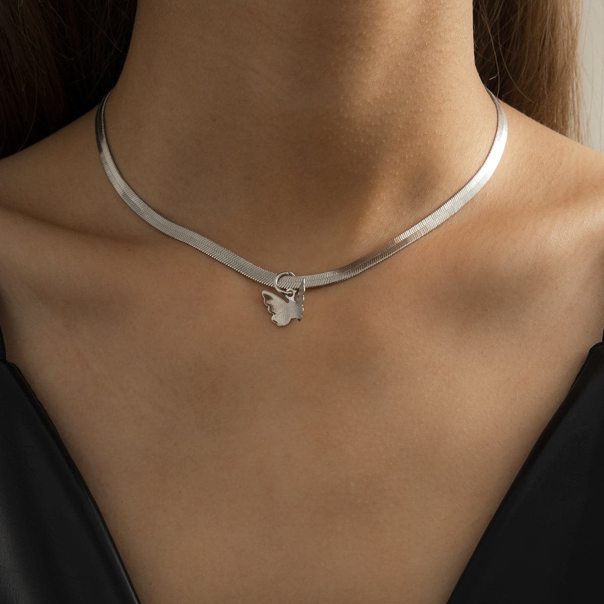 Silver-Plated Butterfly Snake Chain Choker