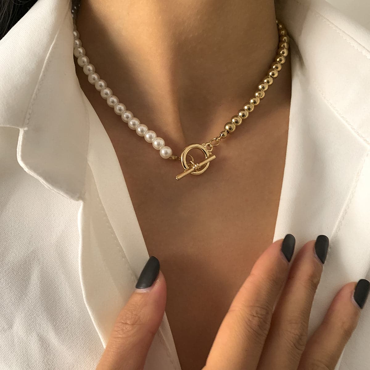 Pearl and 18K Gold-Plated Half Bead Chain Toggle Necklace, gold pendant necklace for women, everyday style, front view