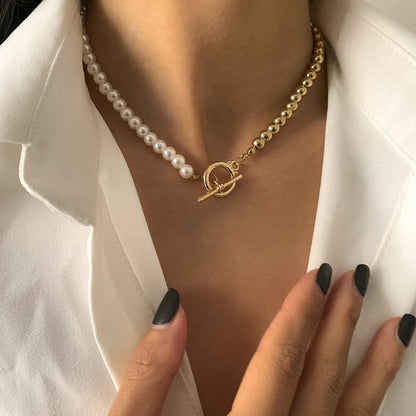 Pearl and 18K Gold-Plated Half Bead Chain Toggle Necklace, gold pendant necklace for women, everyday style, front view