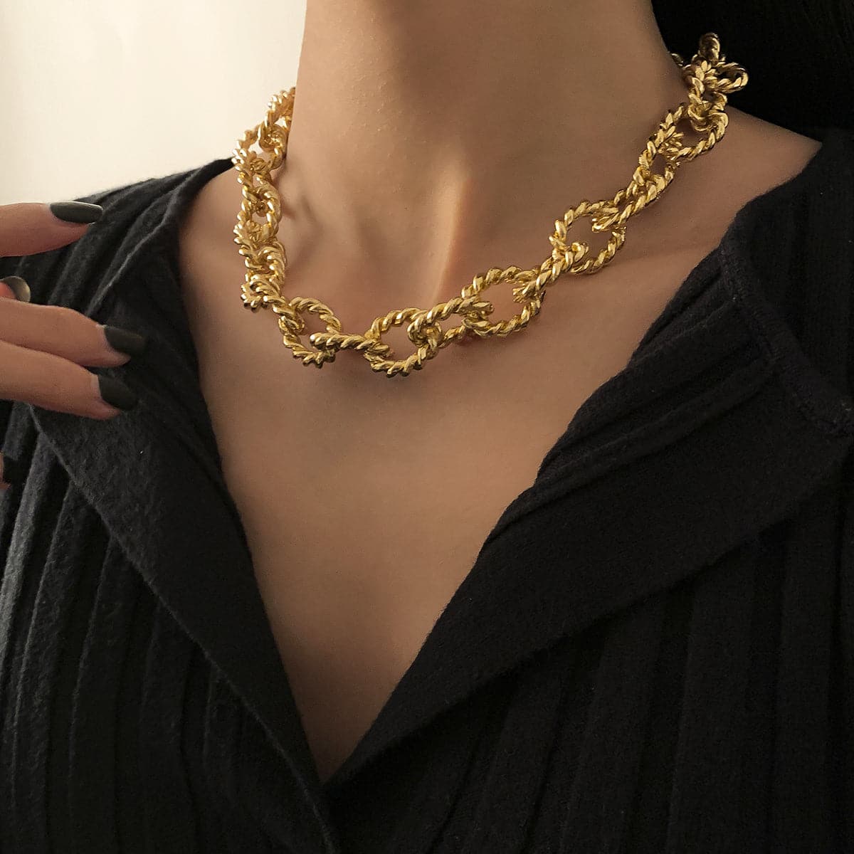 18K Gold-Plated Twist Chain Link Choker, chunky gold choker necklace, botanical inspired, front view