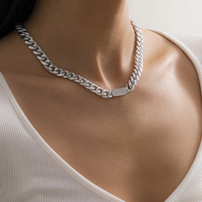 Silver-Plated Curb Chain Bar Choker Necklace, chunky silver choker necklace, elegant gift for her, front view