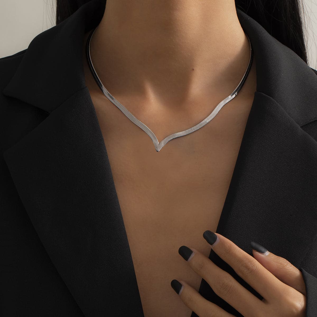 Silver-Plated Snake Chain V Necklace, chunky silver choker necklace, botanical inspired, front view