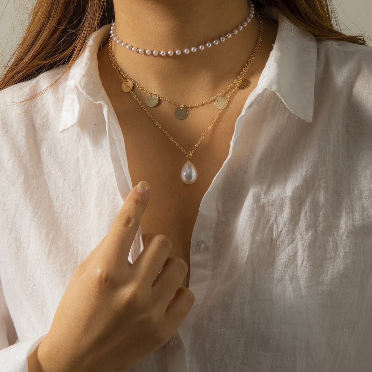 Pearl and 18K Gold-Plated Sequin Layered Pendant Necklace, gold pendant necklace for women, everyday style, front view