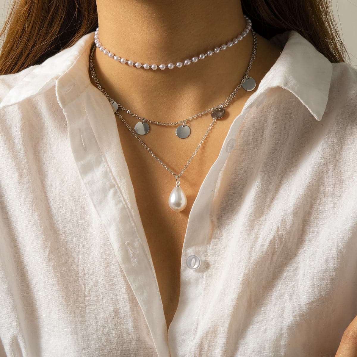 Pearl & Silver-Plated Sequin Layered Pendant Necklace