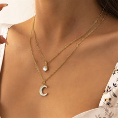 Cubic Zirconia & 18K Gold-Plated Pavé Moon Layered Pendant Necklace