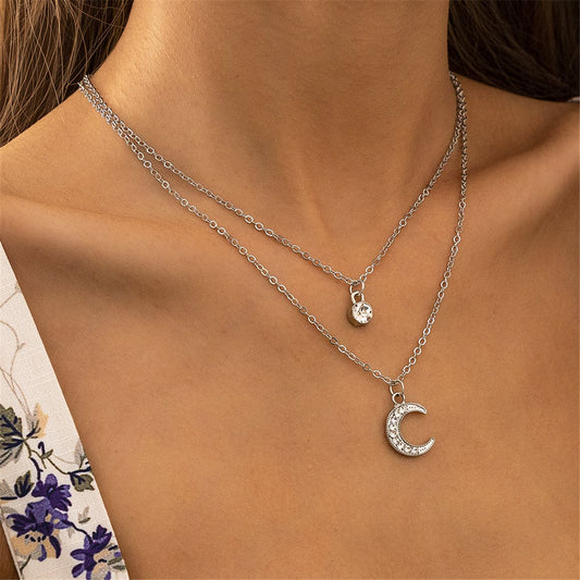 Cubic Zirconia and Silver-Plated Moon Pendant Layered Necklace, silver pendant necklace for women, front view