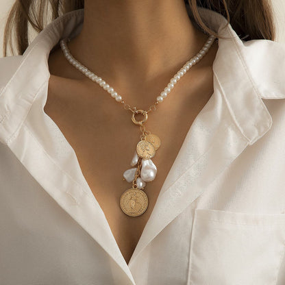 Pearl and 18K Gold-Plated Beaded Coin Pendant Necklace, gold pendant necklace for women, everyday style, front view