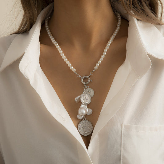 Pearl and Silver-Plated Coin Drop Necklace, silver pendant necklace for women, botanical inspired, front view