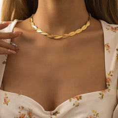 18K Gold-Plated Crossing Herringbone Chain Choker Necklace