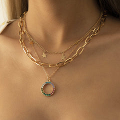 Cubic Zirconia & 18K Gold-Plated Star Circle Layered Pendant Necklace