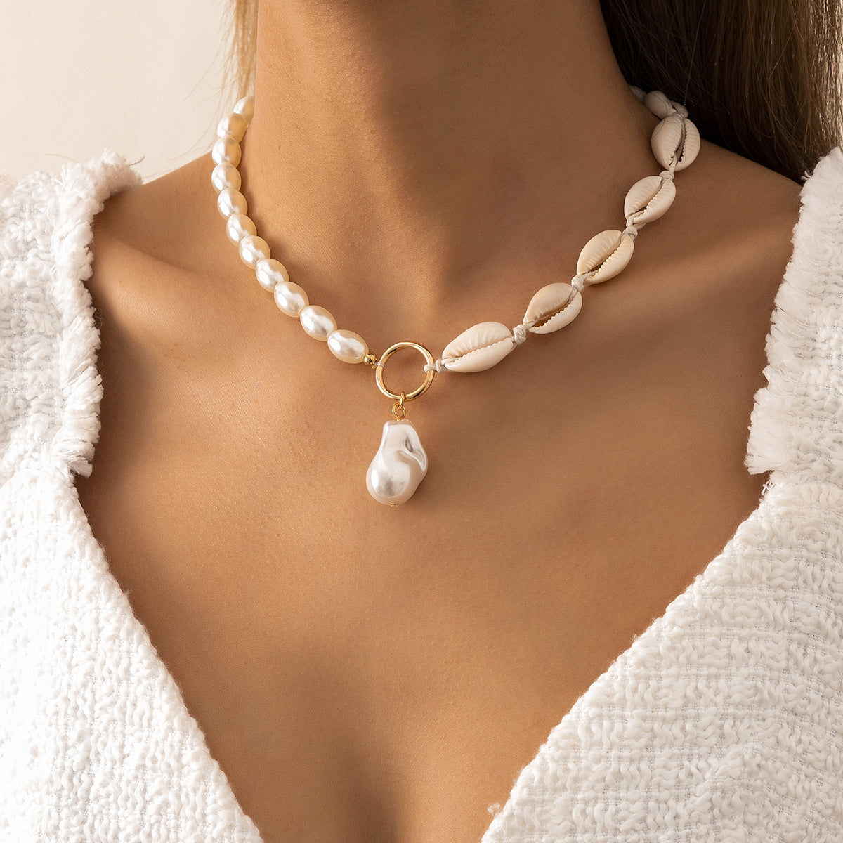 Shell and Pearl Drop Patchwork Choker Necklace, pendant necklace for women, dainty minimalist design, front view