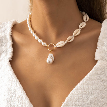 Shell and Pearl Drop Patchwork Choker Necklace, pendant necklace for women, dainty minimalist design, front view