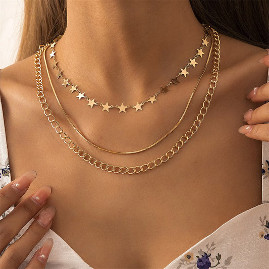 18K Gold-Plated Link Star Layered Necklace, gold pendant necklace for women, botanical inspired, front view