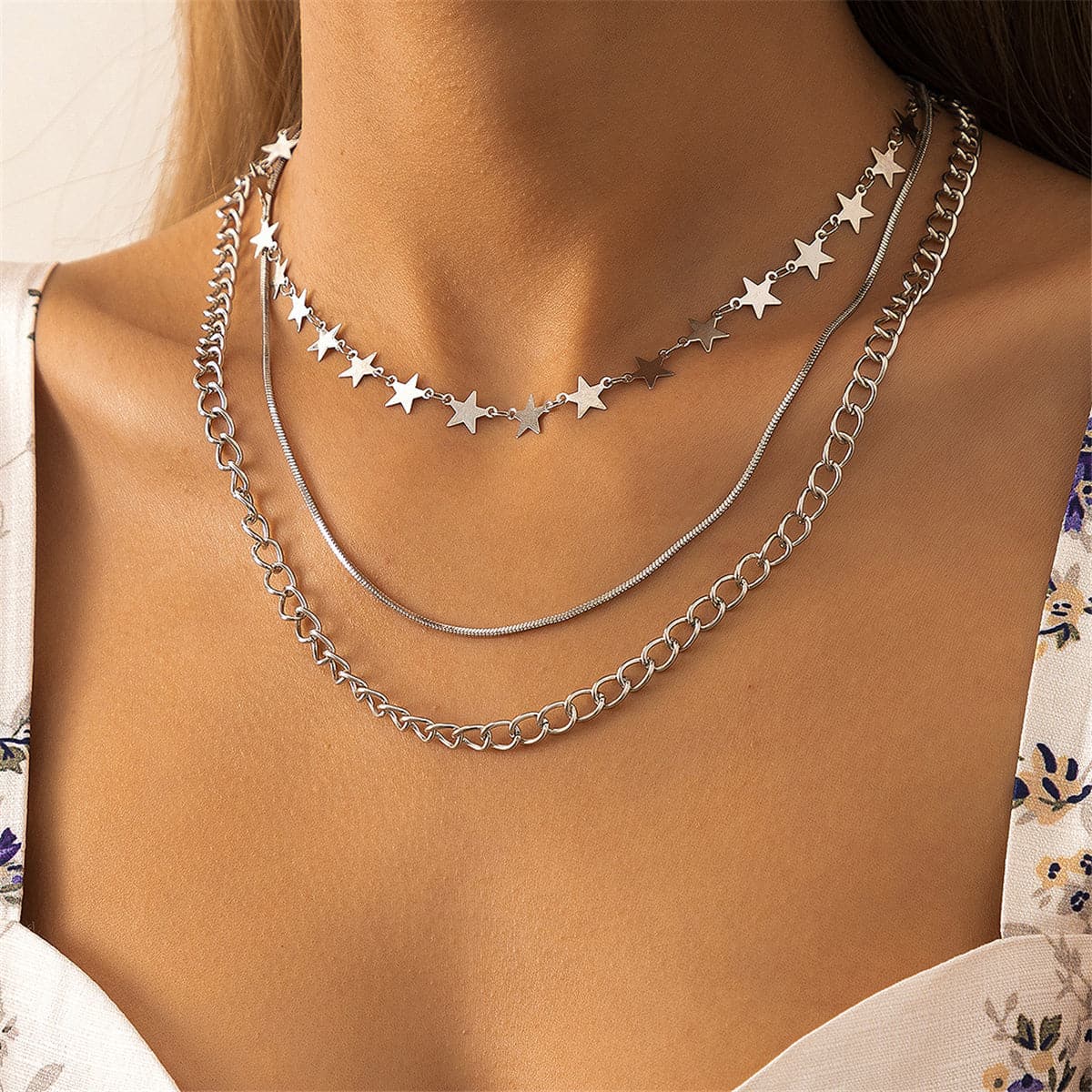 Silver-Plated Linking Star Layered Necklace