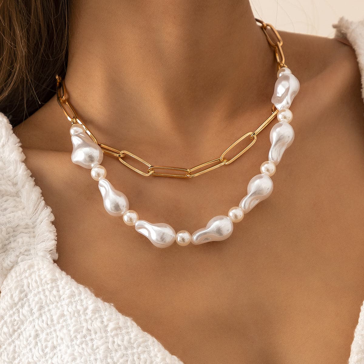 Pearl and 18K Gold-Plated Figaro Layered Necklace, gold pendant necklace for women, dainty minimalist design, front view