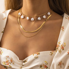 Pearl & 18K Gold-Plated Herringbone Layered Necklace