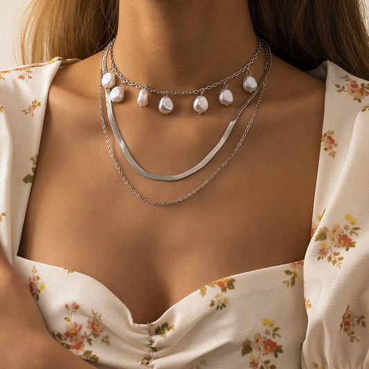 Pearl and Silver-Plated Drop Station Layered Chain Necklace, silver pendant necklace for women, everyday style, front view
