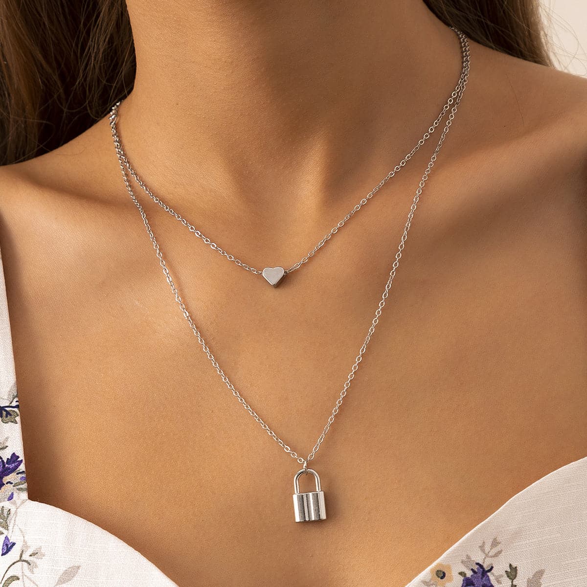 Silver-Plated Heart and Lock Layered Pendant Necklace, silver pendant necklace for women, vintage-inspired design, front view