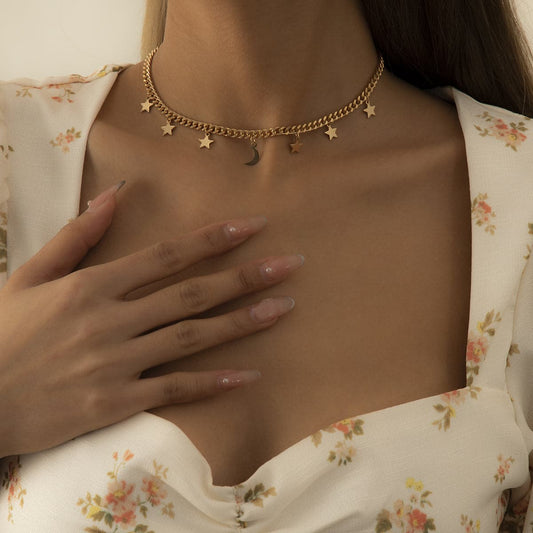 18K Gold-Plated Star Moon Station Choker Necklace, gold pendant necklace for women, botanical inspired, front view