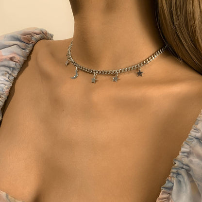 Silver-Plated Celestial Station Choker Necklace, chunky silver choker necklace, vintage-inspired design, front view