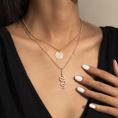 18K Gold-Plated Snake Circle Layered Pendant Necklace, gold pendant necklace for women, everyday style, front view