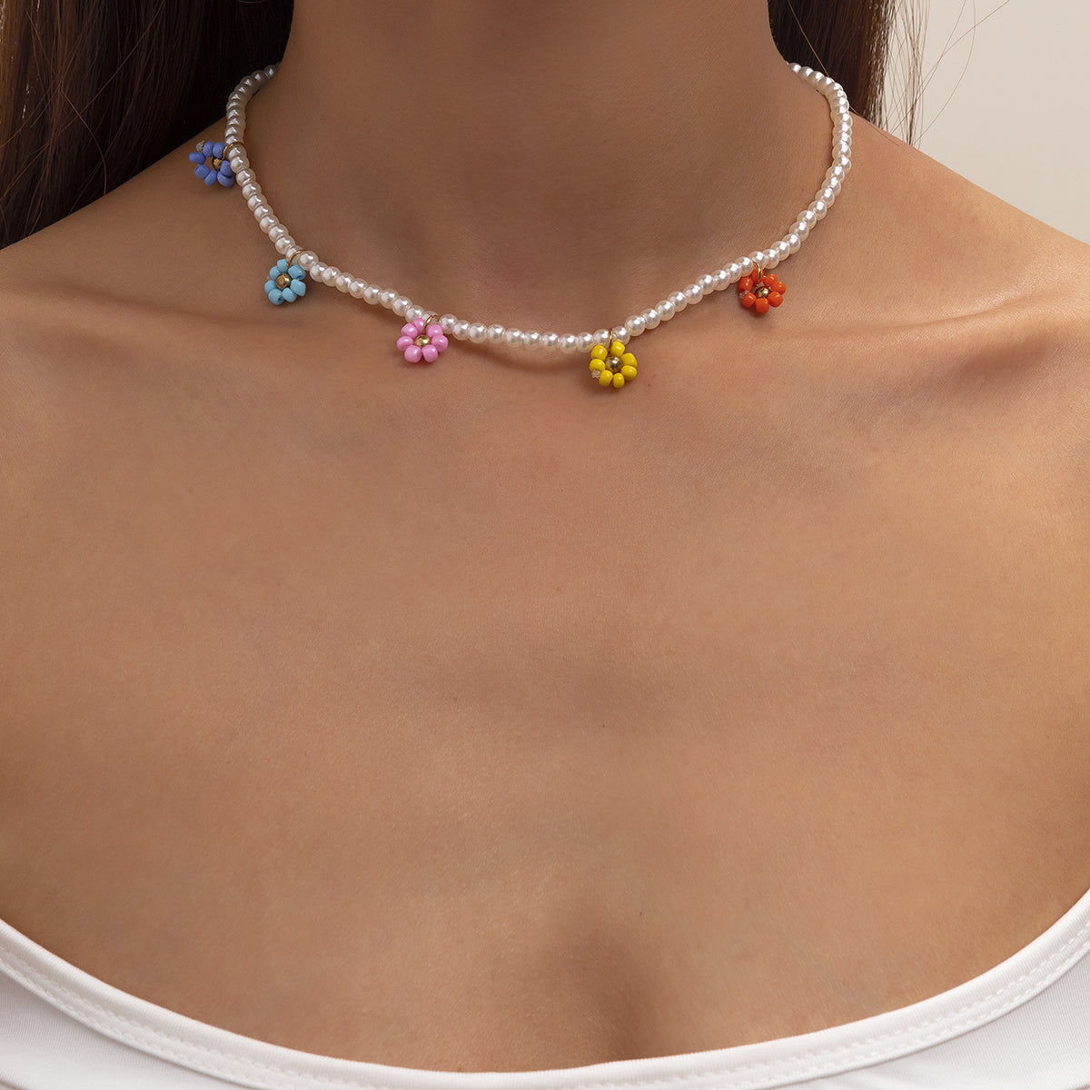 Multicolor Howlite and Pearl 18K Gold-Plated Floral Choker Necklace, gold pendant necklace for women, front view
