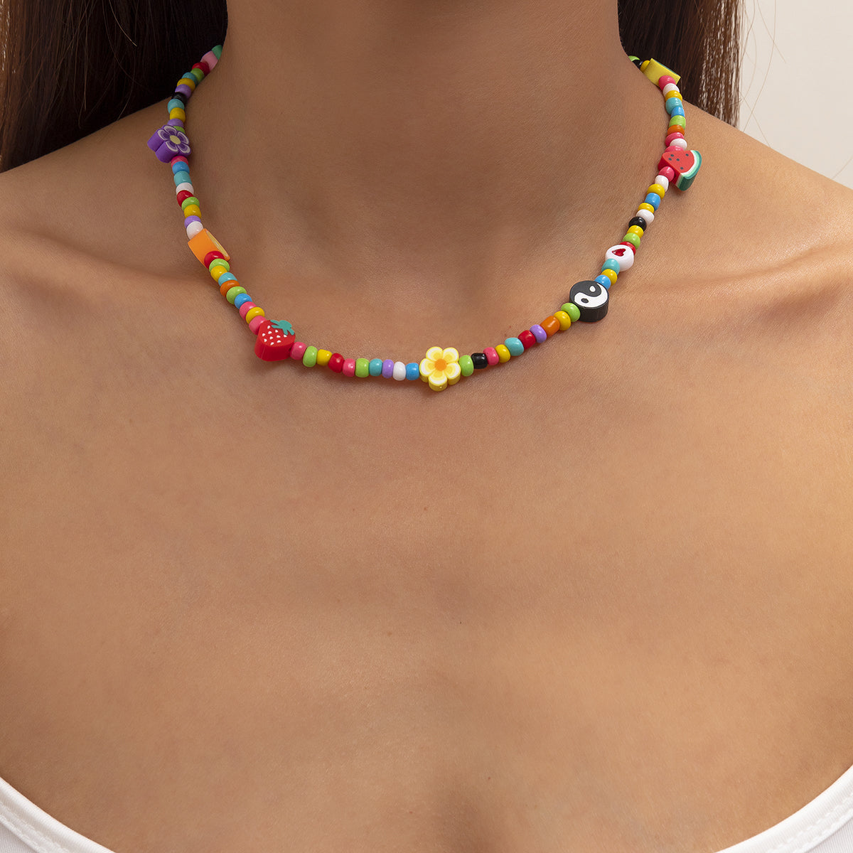 Yellow & Teal Howlite Floral Fruit Beaded Choker Necklace