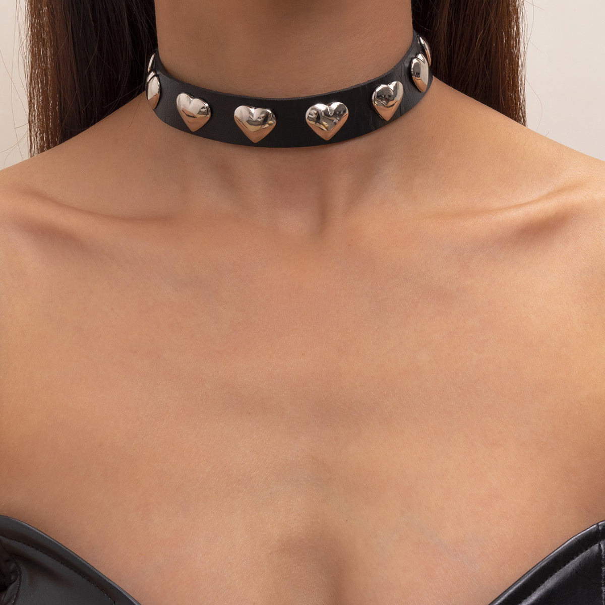 Black Polystyrene and Silver-Plated Heart Station Choker Necklace, chunky silver choker necklace, everyday style, side view