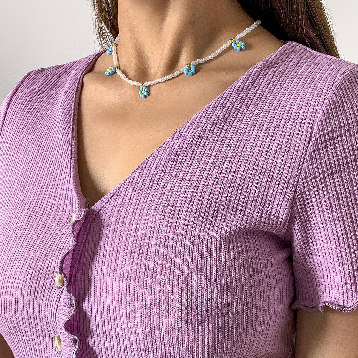 Blue Howlite and 18K Gold-Plated Mum Beaded Station Collar Necklace, gold pendant necklace for women, side view