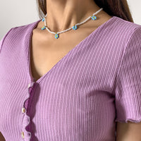 Blue Teal Howlite & Goldtone Mum Beaded Station Choker Necklace