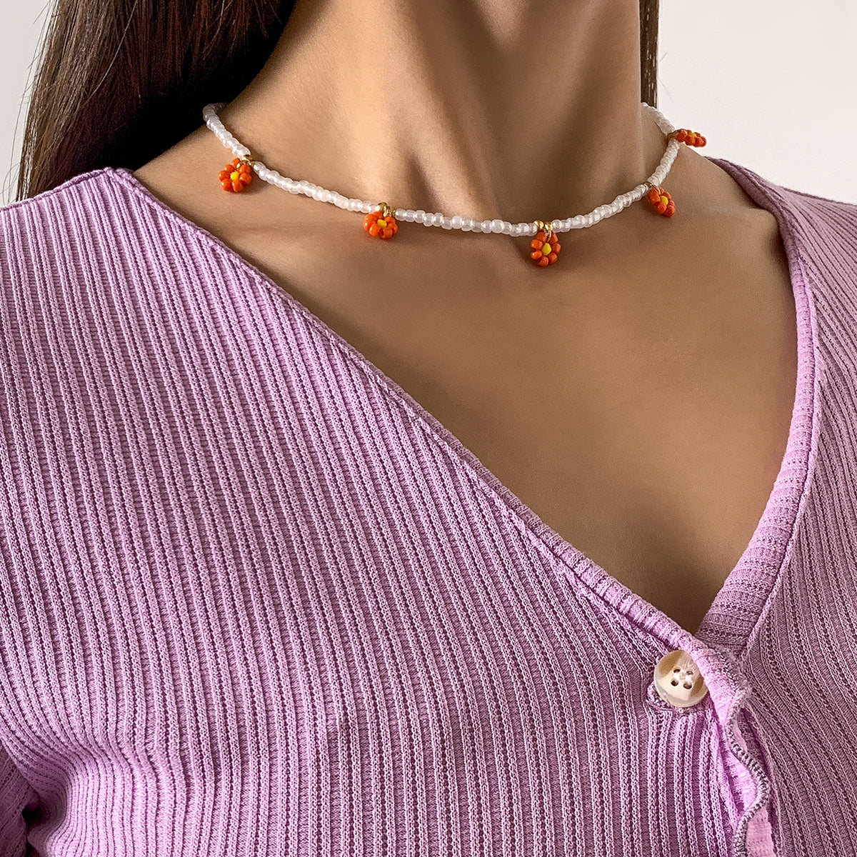 Orange Howlite and 18K Gold-Plated Mum Choker Necklace, gold pendant necklace for women, vintage-inspired design, side view