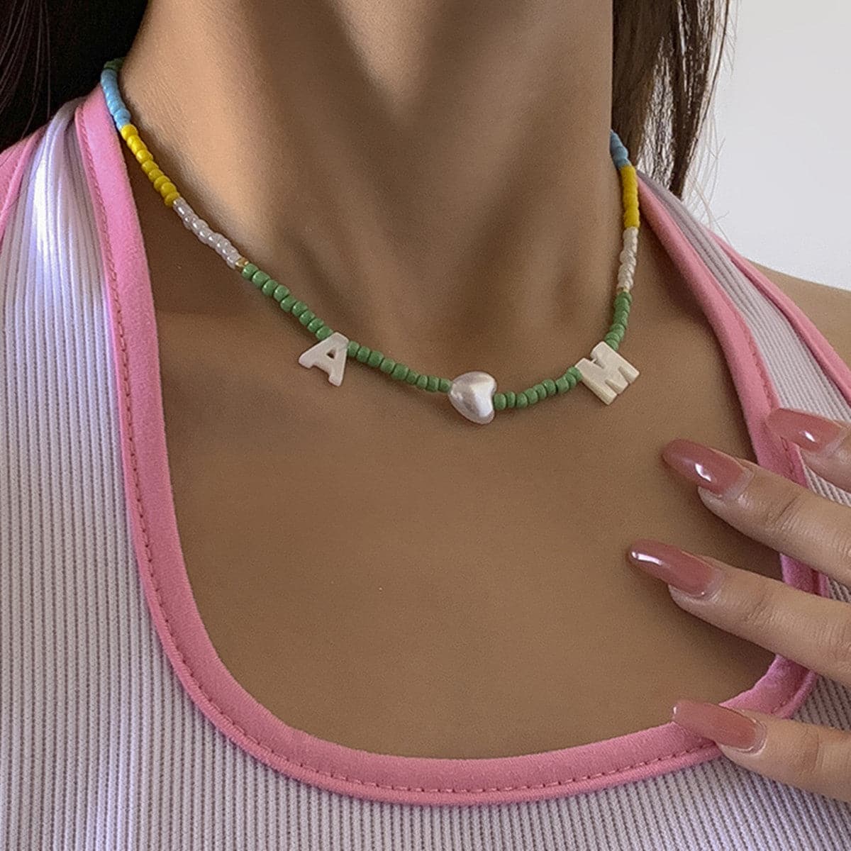 Multicolor Howlite and Pearl 'M' Heart 'A' Choker Necklace, pendant necklace for women, dainty minimalist design, front view