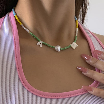 Multicolor Howlite and Pearl 'M' Heart 'A' Choker Necklace, pendant necklace for women, dainty minimalist design, front view