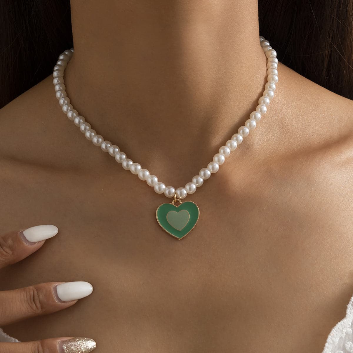 Pearl & Green Enamel 18K Gold-Plated Heart Pendant Beaded Necklace