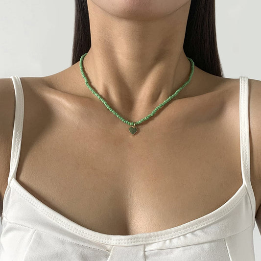 Green Howlite and Green Enamel Beaded Heart Pendant Necklace, pendant necklace for women, elegant gift for her, front view