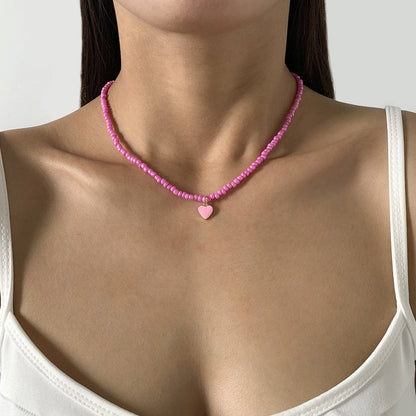 Pink Enamel and Howlite Beaded Heart Necklace, pendant necklace for women, everyday style, front view