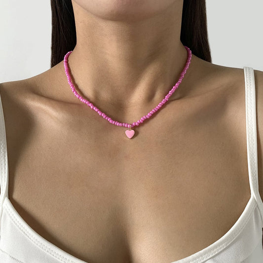 Pink Enamel and Howlite Beaded Heart Necklace, pendant necklace for women, everyday style, front view
