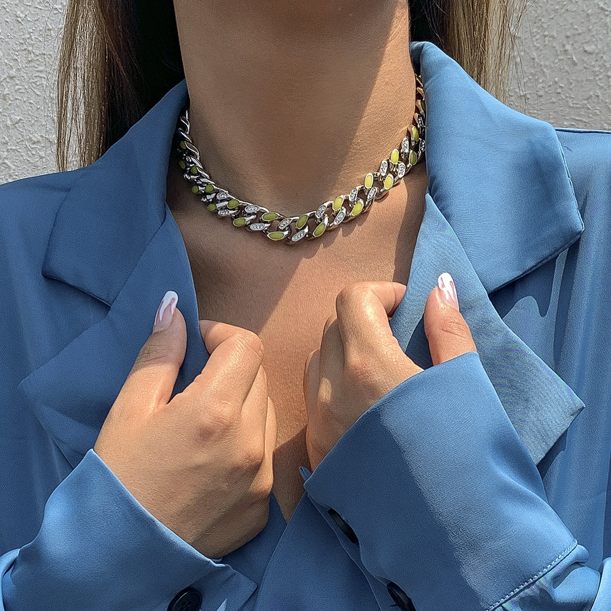 Cubic Zirconia and Enamel Silver-Plated Curb Chain Necklace, silver pendant necklace for women, botanical inspired, side view