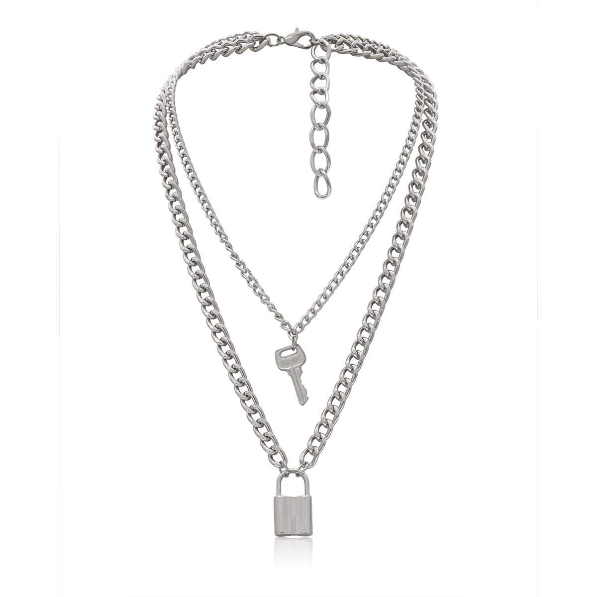 Silver-Plated Lock and Key Layered Pendant Necklace, silver pendant necklace for women, dainty minimalist design, front view