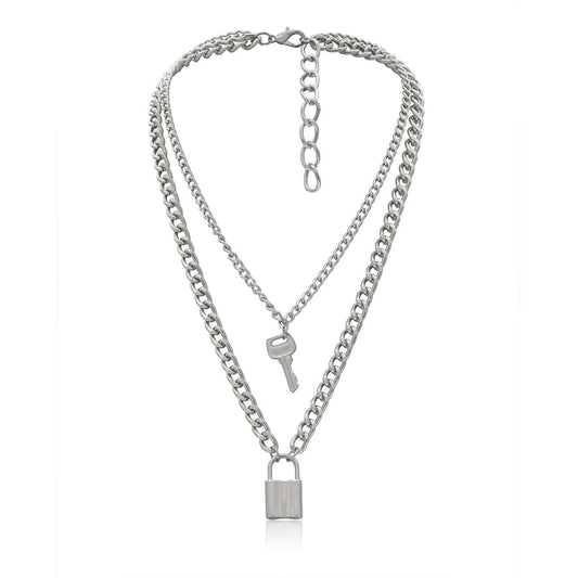 Silver-Plated Lock and Key Layered Pendant Necklace, silver pendant necklace for women, everyday style, front view