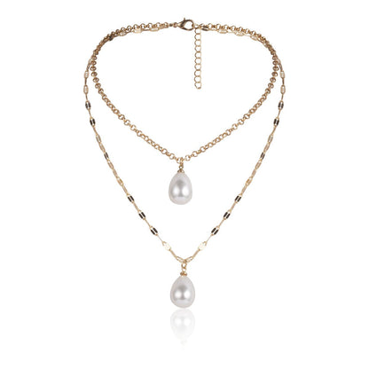 Pearl and 18K Gold-Plated Drop Two-Layer Pendant Necklace, gold pendant necklace for women, styled look