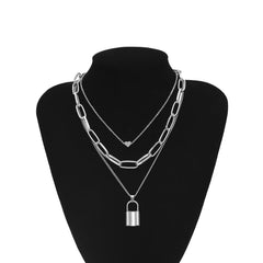 Silver-Plated Heart & Lock Layered Pendant Necklace