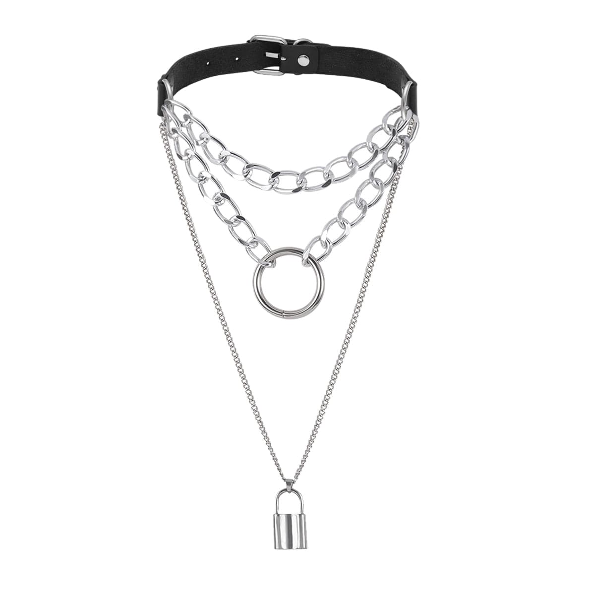 Black Polystyrene and Silver-Plated Layered Padlock Pendant Necklace, silver pendant necklace for women, side view