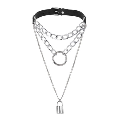 Black Polystyrene and Silver-Plated Layered Padlock Pendant Necklace, silver pendant necklace for women, side view