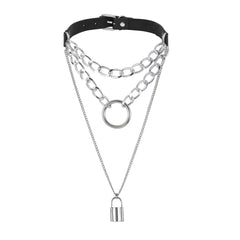 Black Polystyrene & Silver-Plated Layered Padlock Pendant Necklace