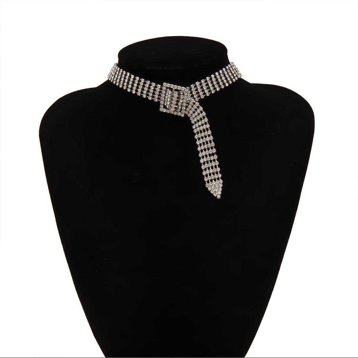 Cubic Zirconia and Silver-Plated Belt Choker Necklace, chunky silver choker necklace, botanical inspired, side view